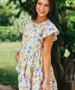 Hailey & Co Ivory Multicolored Floral Print Drop Waist Blouse