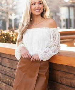 SugarFox Tops Ivory Off Shoulder Long Bubble Sleeve Lace Top