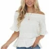 Ces Femme Ivory Off The Shoulder Woven Top With Ruffle Details Tops