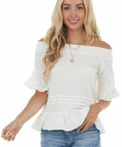 Ces Femme Ivory Off The Shoulder Woven Top With Ruffle Details Tops
