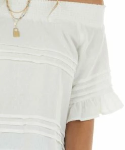 Ces Femme Ivory Off The Shoulder Woven Top With Ruffle Details Tops