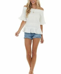 Ces Femme Ivory Off The Shoulder Woven Top With Ruffle Details Tops