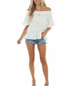Ces Femme Ivory Off The Shoulder Woven Top With Ruffle Details Tops