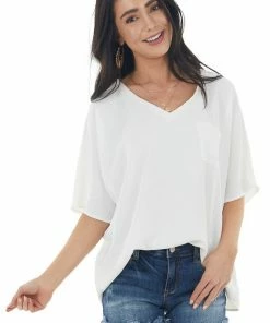 Eesome Ivory Oversized Woven Short Sleeve Top With Chest Pocket Tops