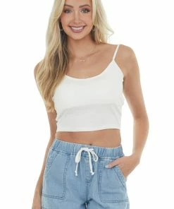 Trend Notes Ivory Padded Cropped V Neck Knit Cami Tops
