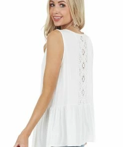 CY Fashion Tops Ivory Peplum Tank Top With Sheer Crotchet Lace Back Detail