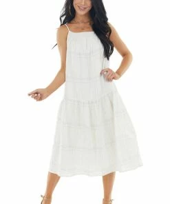 Lush Clothing Dresses Ivory Plaid Sleeveless Midi Woven Dress With Pockets
