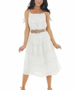 Lush Clothing Dresses Ivory Plaid Sleeveless Midi Woven Dress With Pockets