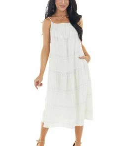 Lush Clothing Dresses Ivory Plaid Sleeveless Midi Woven Dress With Pockets
