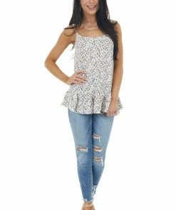 Ces Femme Ivory Printed Sleeveless Knit Top With Ruffle Hemline