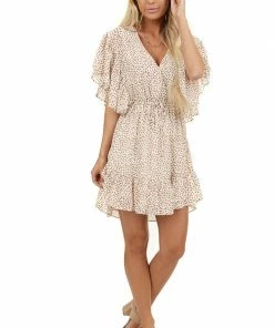 BiBi Dresses Ivory Printed Surplice Dress With Ruffle Sleeves And Hemline
