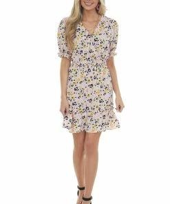 Jodifl Ivory Printed Surplice Woven Short Dress Dresses