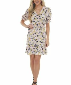 Jodifl Ivory Printed Surplice Woven Short Dress Dresses