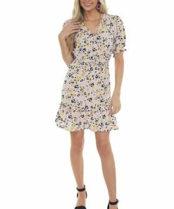 Jodifl Ivory Printed Surplice Woven Short Dress Dresses