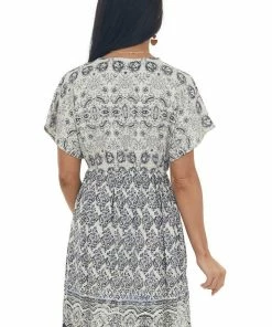 ANGIE Ivory Printed V Neck Babydoll Mini Dress