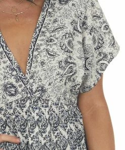 ANGIE Ivory Printed V Neck Babydoll Mini Dress