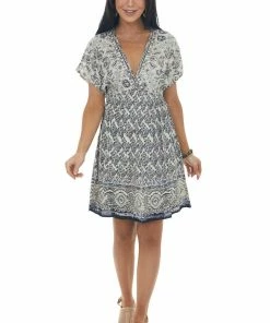 ANGIE Ivory Printed V Neck Babydoll Mini Dress