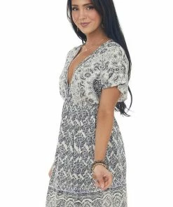 ANGIE Ivory Printed V Neck Babydoll Mini Dress