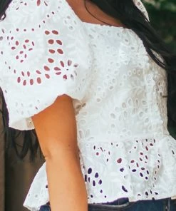 Flying Tomato Tops Ivory Puff Sleeve Eyelet Lace Peplum Blouse