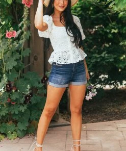 Flying Tomato Tops Ivory Puff Sleeve Eyelet Lace Peplum Blouse