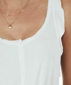 POL Clothing Tops Ivory Raw Edge Scoop Neck Ruffle Ribbed Top