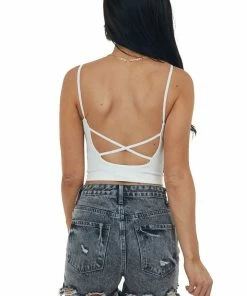 By Together Tops Ivory Ribbed Knit Brami With Criss Cross Back