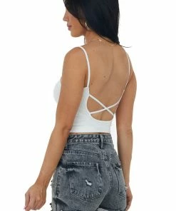 By Together Tops Ivory Ribbed Knit Brami With Criss Cross Back