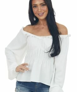 143 Story Ivory Ruched Empire Waist Bubble Sleeve Top