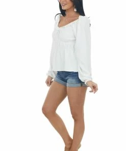 143 Story Ivory Ruched Empire Waist Bubble Sleeve Top