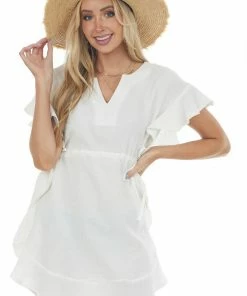 Umgee Ivory Ruffle Trim Notch Neck Woven Dress Dresses