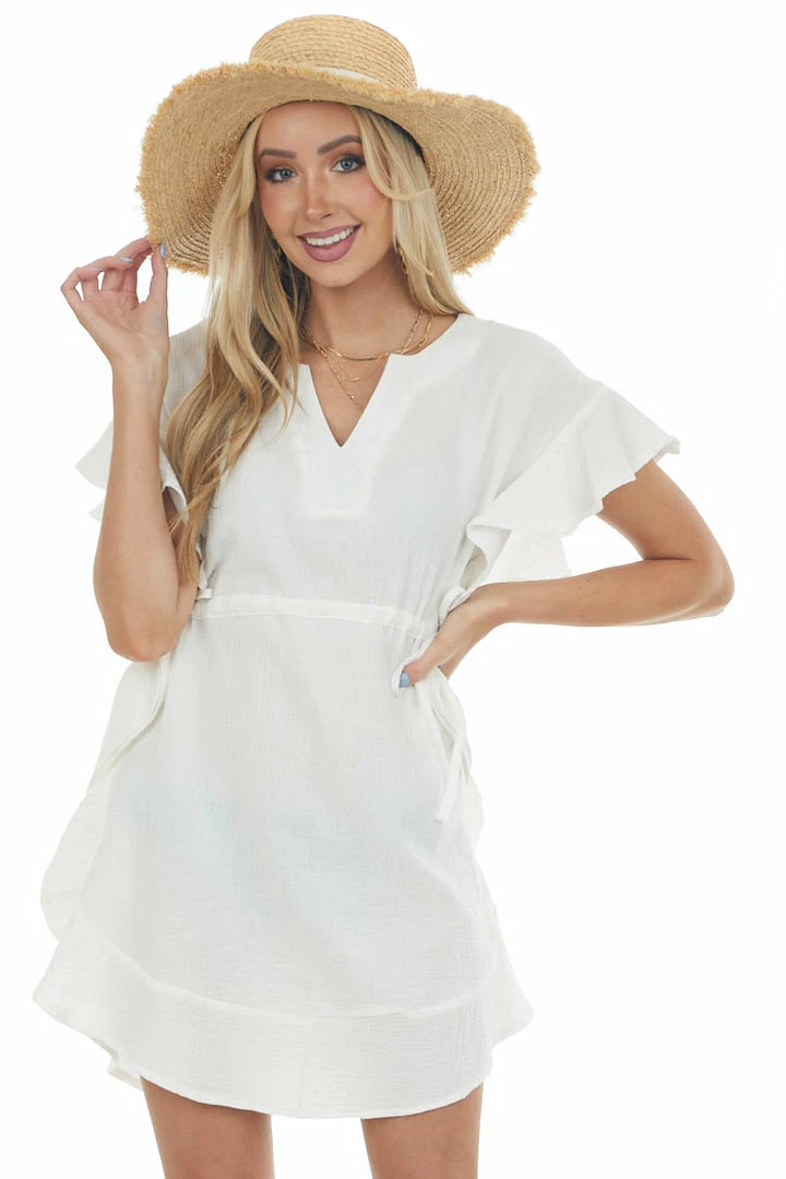 Umgee Ivory Ruffle Trim Notch Neck Woven Dress Dresses 3 Umgee Ivory Ruffle Trim Notch Neck Woven Dress Dresses