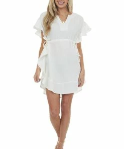 Umgee Ivory Ruffle Trim Notch Neck Woven Dress Dresses 10 Umgee Ivory Ruffle Trim Notch Neck Woven Dress Dresses