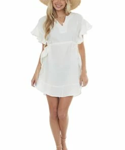 Umgee Ivory Ruffle Trim Notch Neck Woven Dress Dresses 9 Umgee Ivory Ruffle Trim Notch Neck Woven Dress Dresses