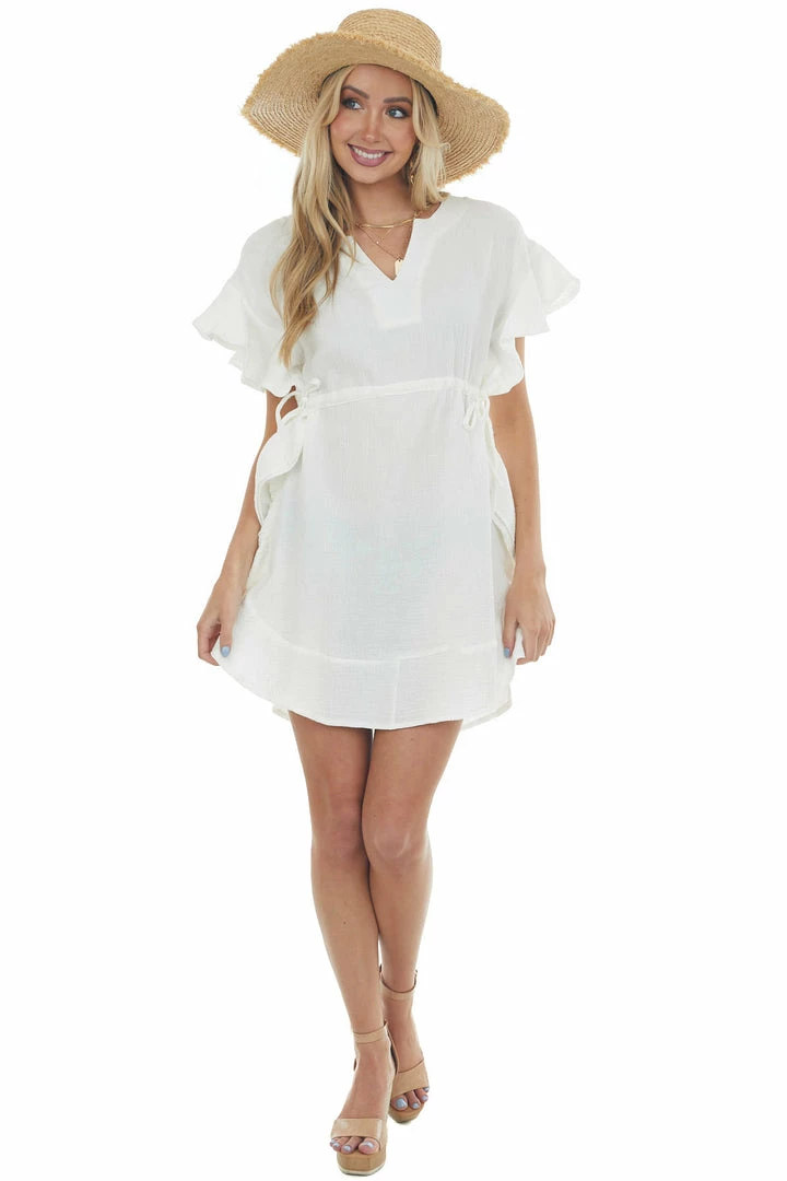 Umgee Ivory Ruffle Trim Notch Neck Woven Dress Dresses 4 Umgee Ivory Ruffle Trim Notch Neck Woven Dress Dresses