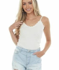 BiBi Tops Ivory Scalloped Ribbed Knit Tank Top