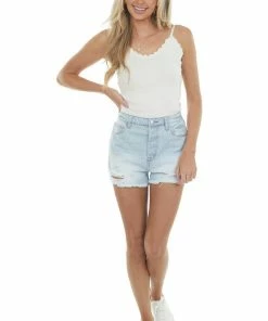 BiBi Tops Ivory Scalloped Ribbed Knit Tank Top