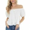Ces Femme Tops Ivory Short Puff Sleeves Woven Crop Top With Ruffle Detail