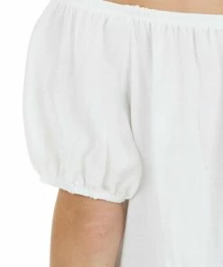 Ces Femme Tops Ivory Short Puff Sleeves Woven Crop Top With Ruffle Detail