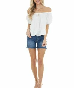 Ces Femme Tops Ivory Short Puff Sleeves Woven Crop Top With Ruffle Detail