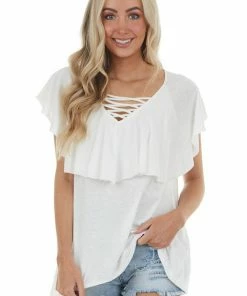 HEIMISH Ivory Short Sleeve Caged Neck Overlaying Top Tops
