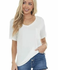Style Melody Ivory Short Sleeve Chest Pocket Knit Top Tops
