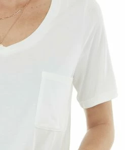 Style Melody Ivory Short Sleeve Chest Pocket Knit Top Tops