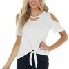 HEIMISH Ivory Short Sleeve Knit Top With Front Tie Detail