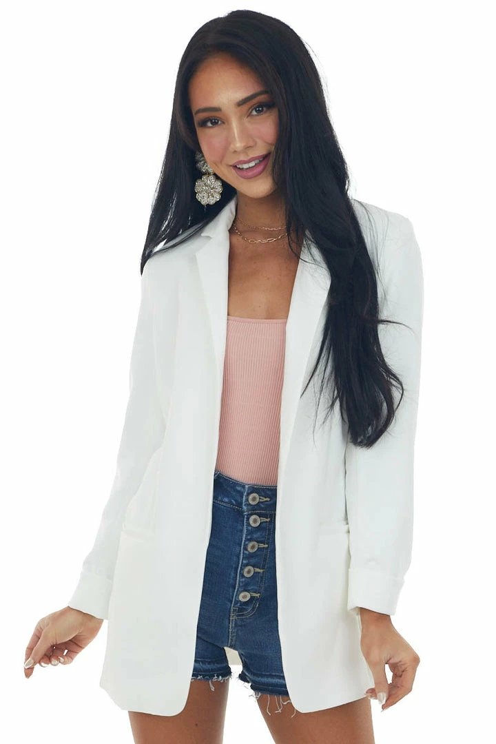 Trend Notes Ivory Shoulder Pad Longline Open Blazer 3 Trend Notes Ivory Shoulder Pad Longline Open Blazer