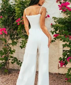 Caramela Dresses Ivory Sleeveless Smocked Wide Leg Linen Jumpsuit