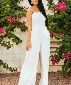 Caramela Dresses Ivory Sleeveless Smocked Wide Leg Linen Jumpsuit