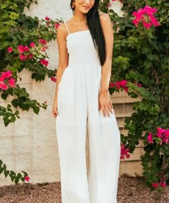 Caramela Dresses Ivory Sleeveless Smocked Wide Leg Linen Jumpsuit