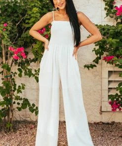 Caramela Dresses Ivory Sleeveless Smocked Wide Leg Linen Jumpsuit