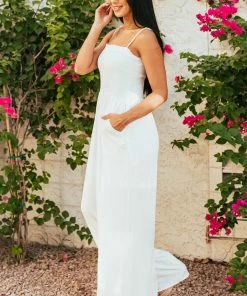 Caramela Dresses Ivory Sleeveless Smocked Wide Leg Linen Jumpsuit