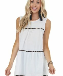 HEIMISH Ivory Sleeveless Stretchy Knit Top With Leopard Print Detail Tops